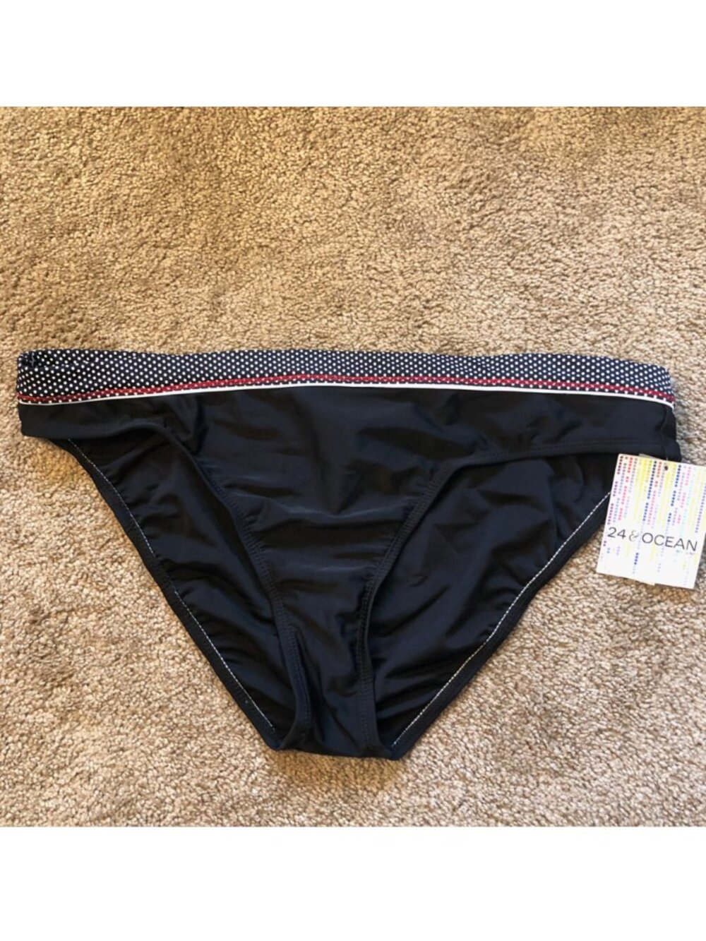 NEW NWT 24TH OCEAN Solid Black White Polka Dot Waistband Bikini Swim BOTTOM XL